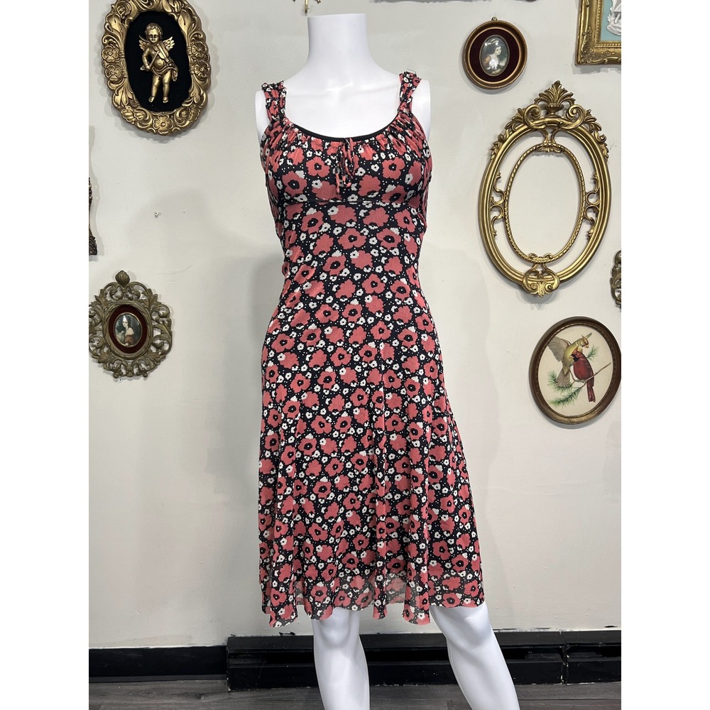 Vintage Y2K Kookai Black Pink Floral Mesh Midi Dress with Attached Slip Size 1